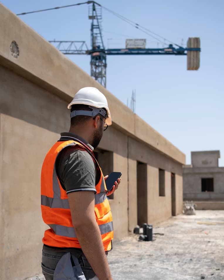Field worker in hard hat using phone on construction site
